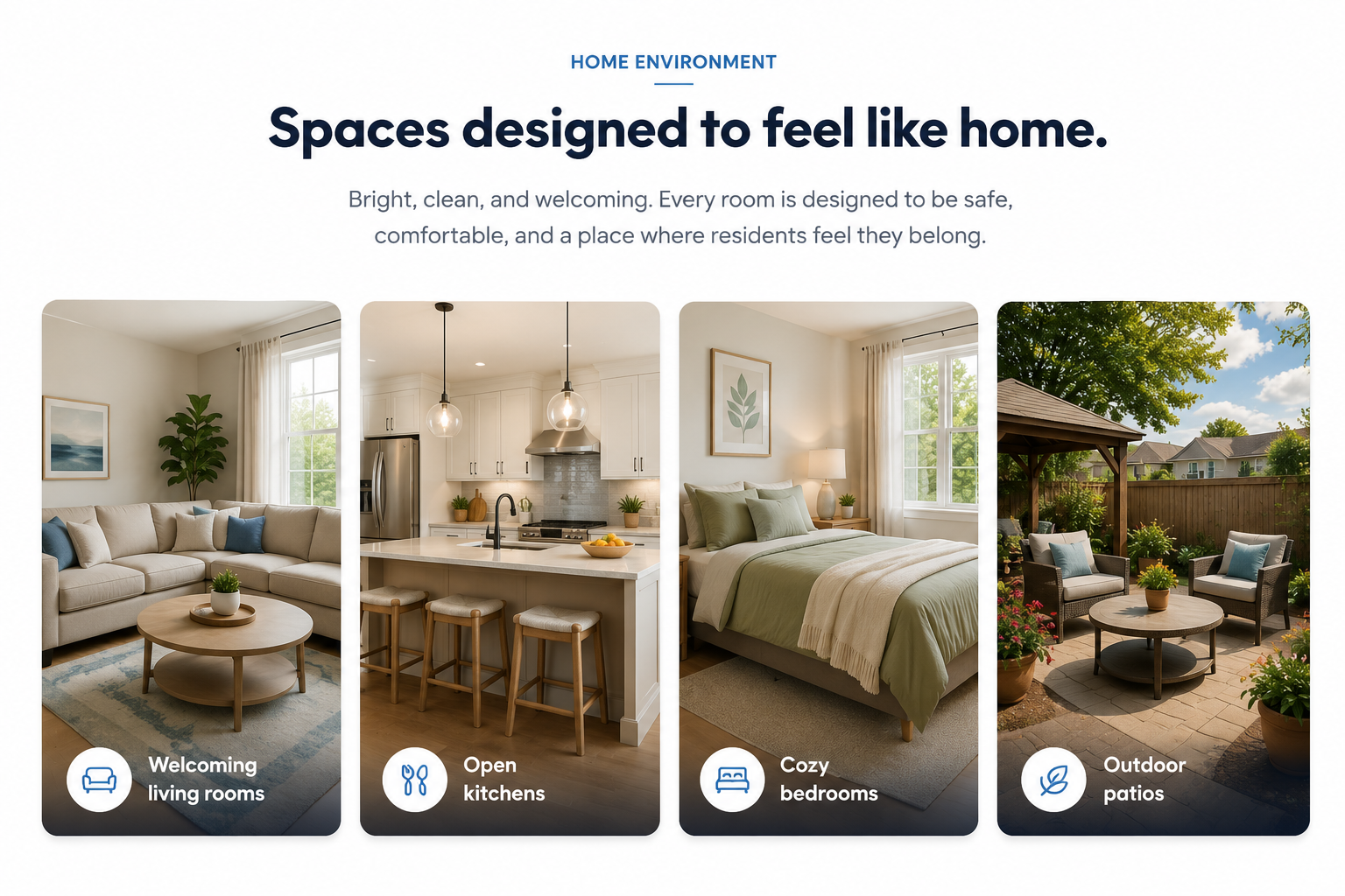 NestVillage home environments — welcoming living rooms, open kitchens, cozy bedrooms, and outdoor patios